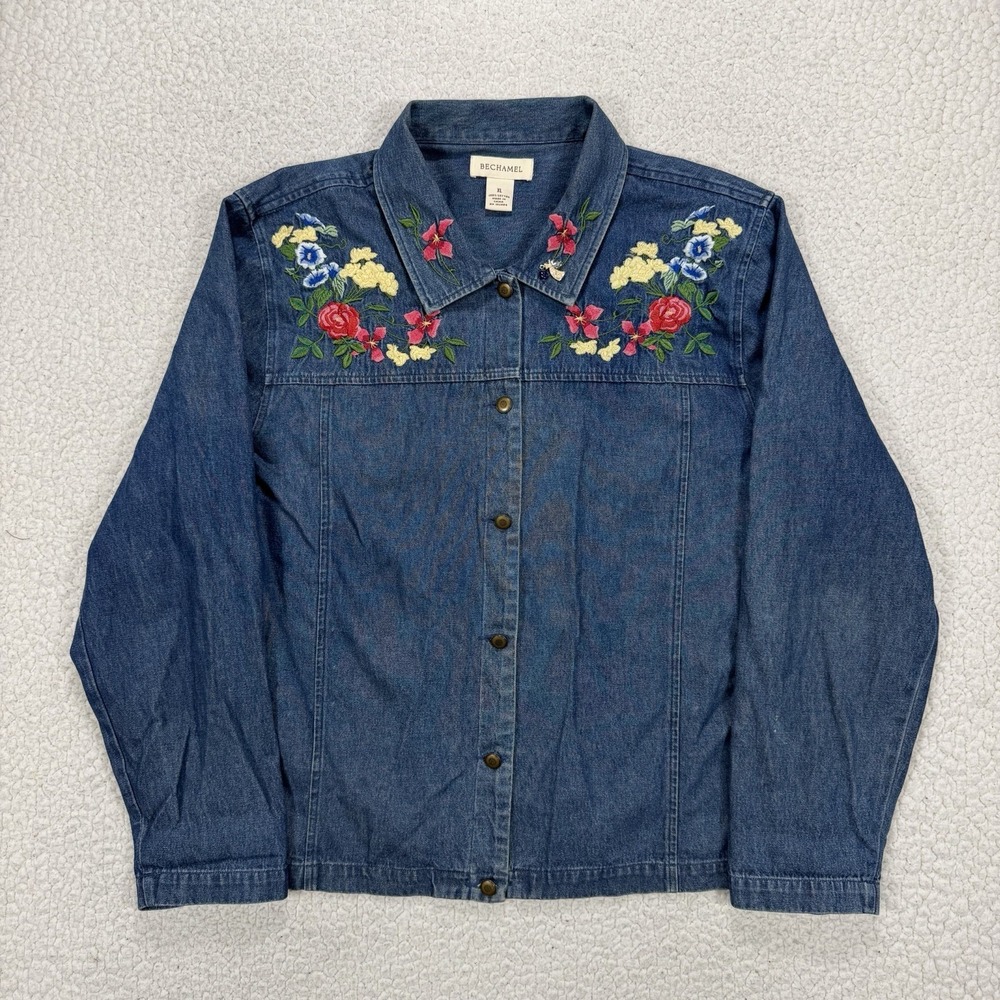 Bechamel Embroidered Denim Shacket Womens XL Floral Boho Cottagecore Teachercore